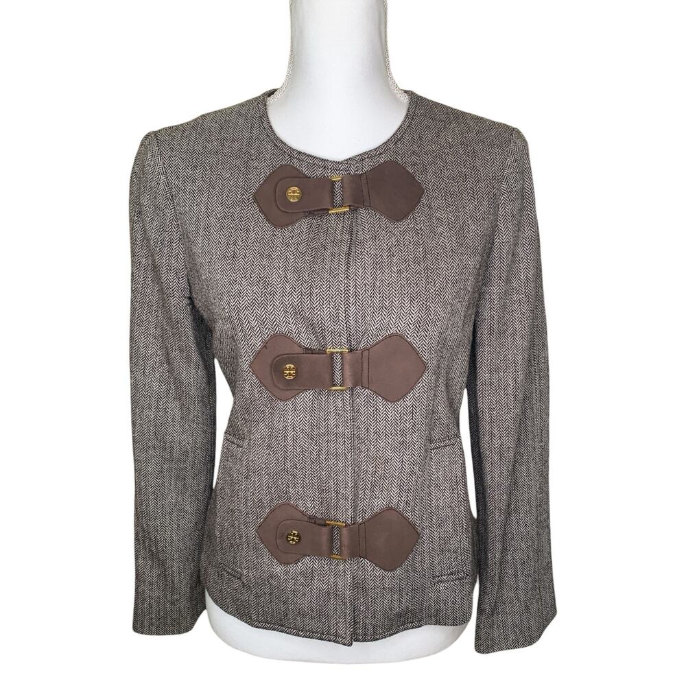 Tory Burch Wool Herringbone Jacket Leather Strap Closures Gold Hardware Size 4